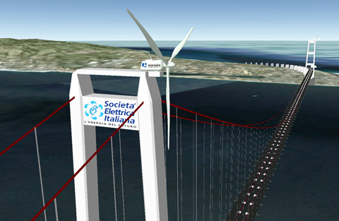 Simulzione 3D del futuro ponte sullo stretto di Messina dotato di generatori eolici - clicca per ingrandire