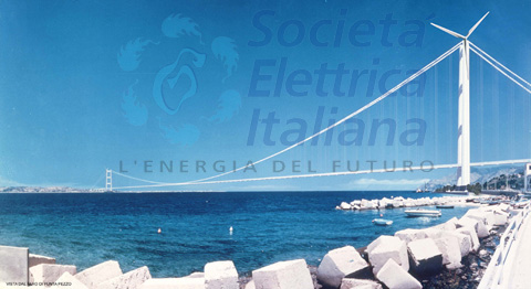 Vista frontale del futuro ponte sullo stretto di Messina dotato di generatori eolici - clicca per ingrandire