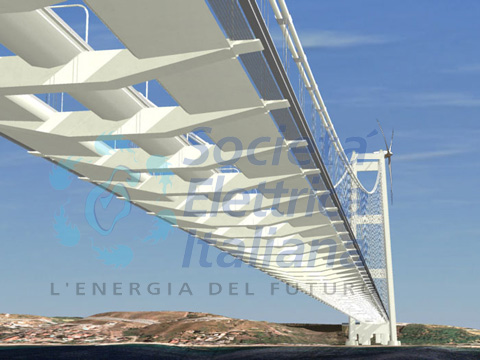 Vista laterale del futuro ponte sullo stretto di Messina dotato di generatori eolici - clicca per ingrandire